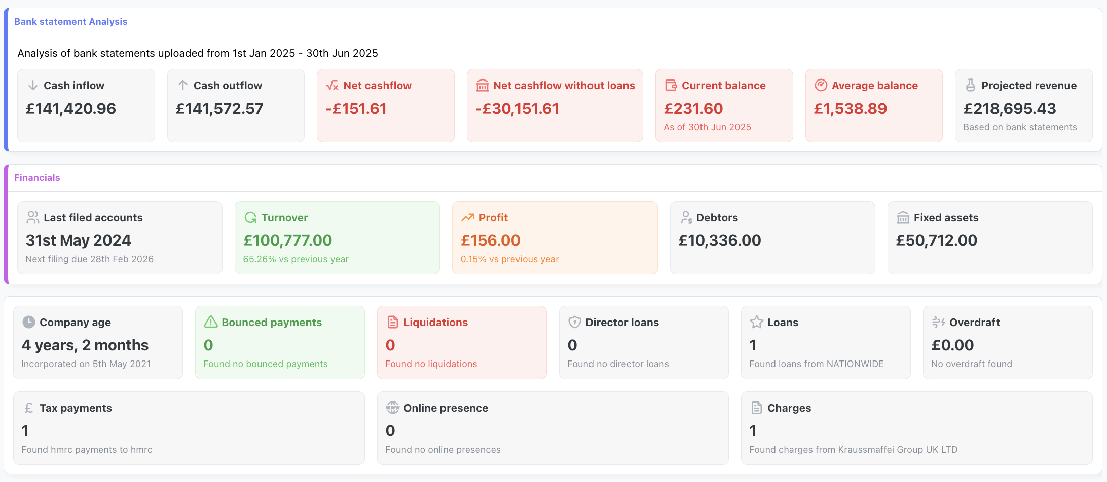 Playter Risk Dashboard - Complete financial analysis showing bank statement analysis, cash flow metrics, company financials, and risk indicators